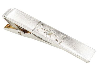 925 Sterling Silver  Vintage Petite Pearl Shiny Star Etched Tie Clip  TR1647