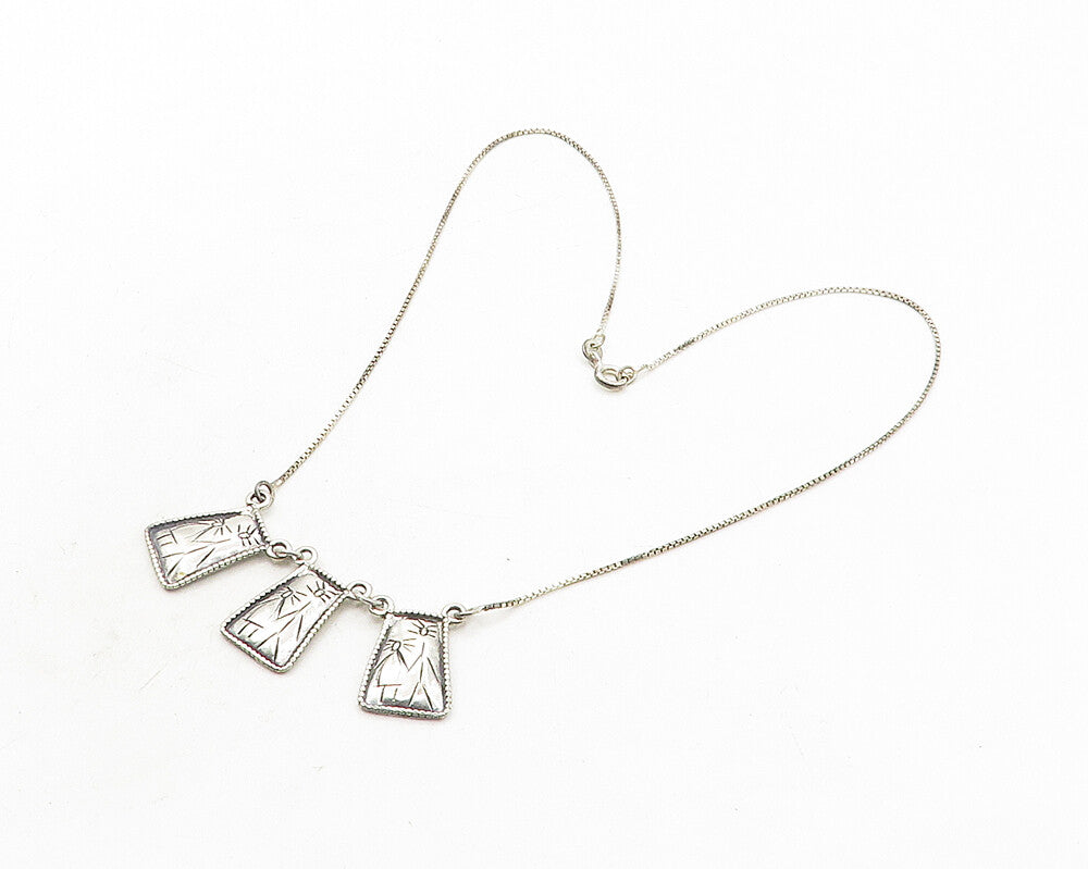 925 Sterling Silver  Vintage Etched Stick Figures Shiny Chain Necklace  NE1987