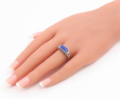 925 Sterling Silver Vintage Ring Lapis Lazuli Floral Cutout Band  Sz 8  RG36699