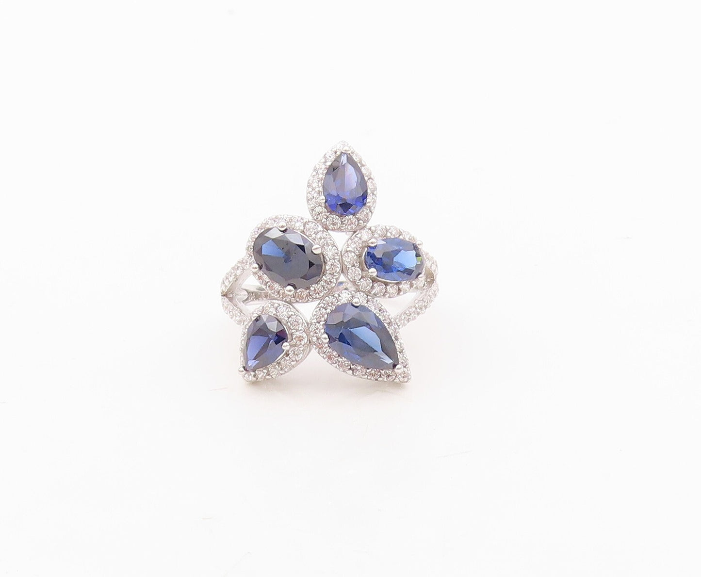 925 Sterling Silver Vintage Ring Designer Cutout Sapphire Halo CZ  Sz 7  RG30411