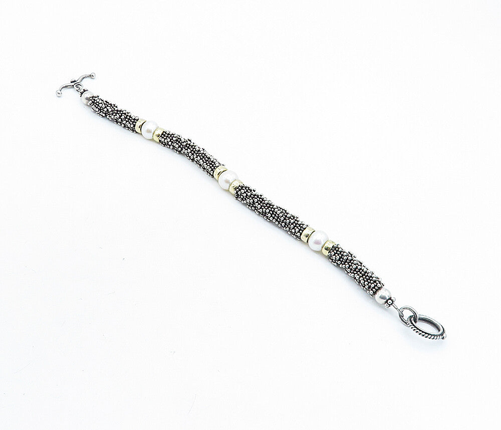 925 Sterling Silver & 14K GOLD Freshwater Pearls Beaded Chain Bracelet BT2624