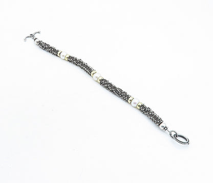 925 Sterling Silver & 14K GOLD Freshwater Pearls Beaded Chain Bracelet BT2624