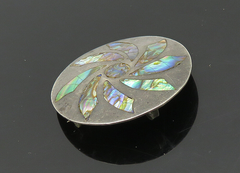 MEXICO 925 Silver  Vintage Inlaid Abalone Shell Flower Brooch Pin  BP8149