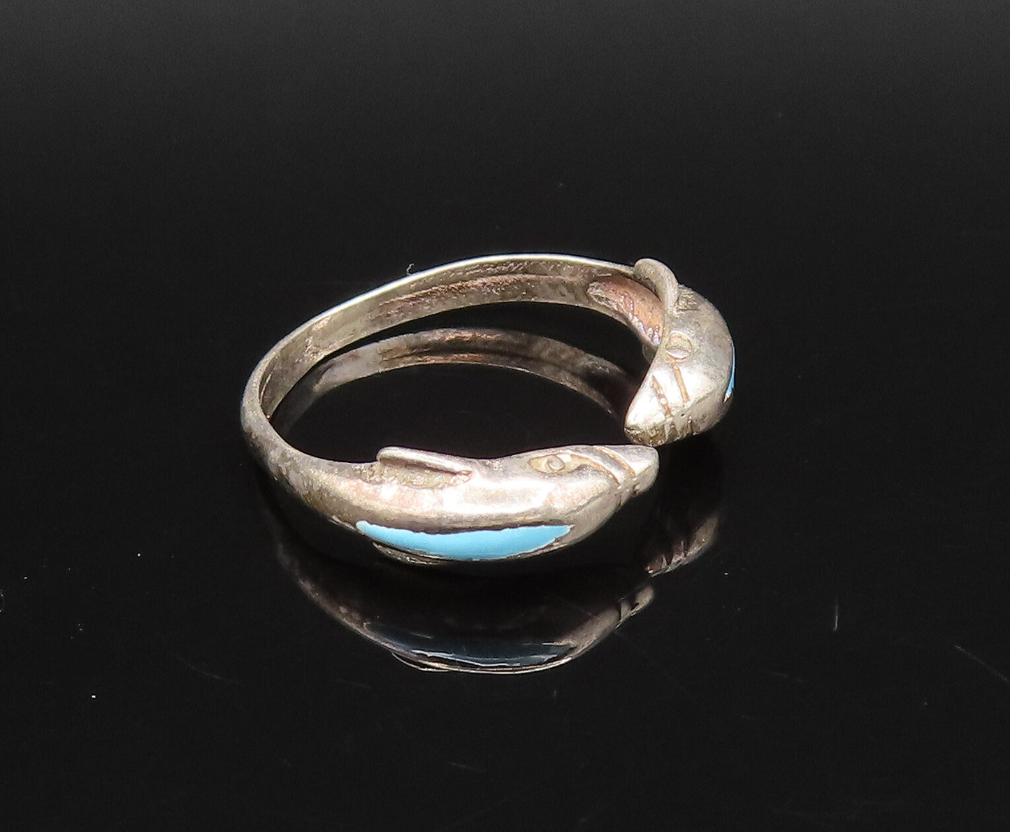 925 Sterling Silver  Vintage Dainty Two Blue Enamel Dolphin Ring Sz 7  RG26077
