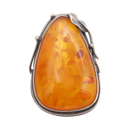 925 Sterling Silver Vintage Ring POLAND Floral Carved Honey Amber  Sz 8  RG32664