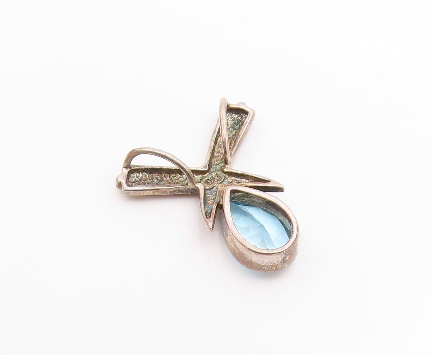 925 Sterling Silver  Vintage Tear Drop Blue Topaz Crossed Pendant  PT18483