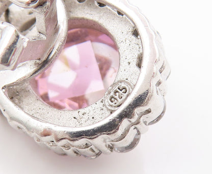 925 Sterling Silver Vintage Earrings Round Pink & White CZ Floral Design EG13396