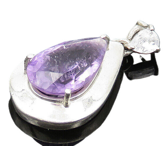 925 Sterling Silver  Vintage Prong Set Amethyst Tear Drop Pendant  PT16096