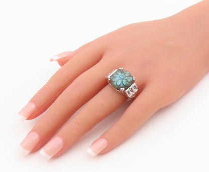 925 Sterling Silver Vintage Ring Carved Gemstone & CZ Band  Sz 6.5  RG34177