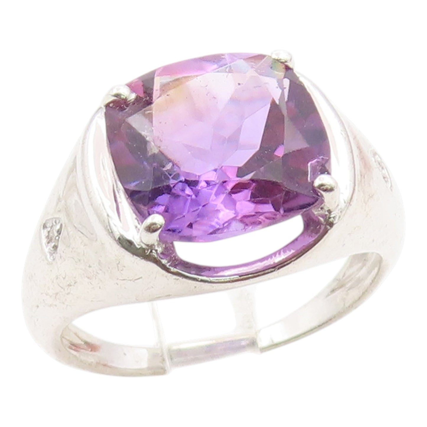 925 Sterling Silver Vintage Ring Real Diamonds & Amethyst Band  Sz 10  RG36051
