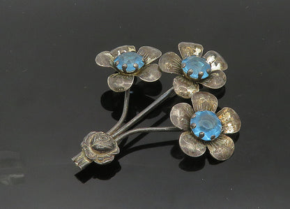 925 Sterling Silver  Vintage Blue Topaz Flower Bunch Motif Brooch Pin  BP8227