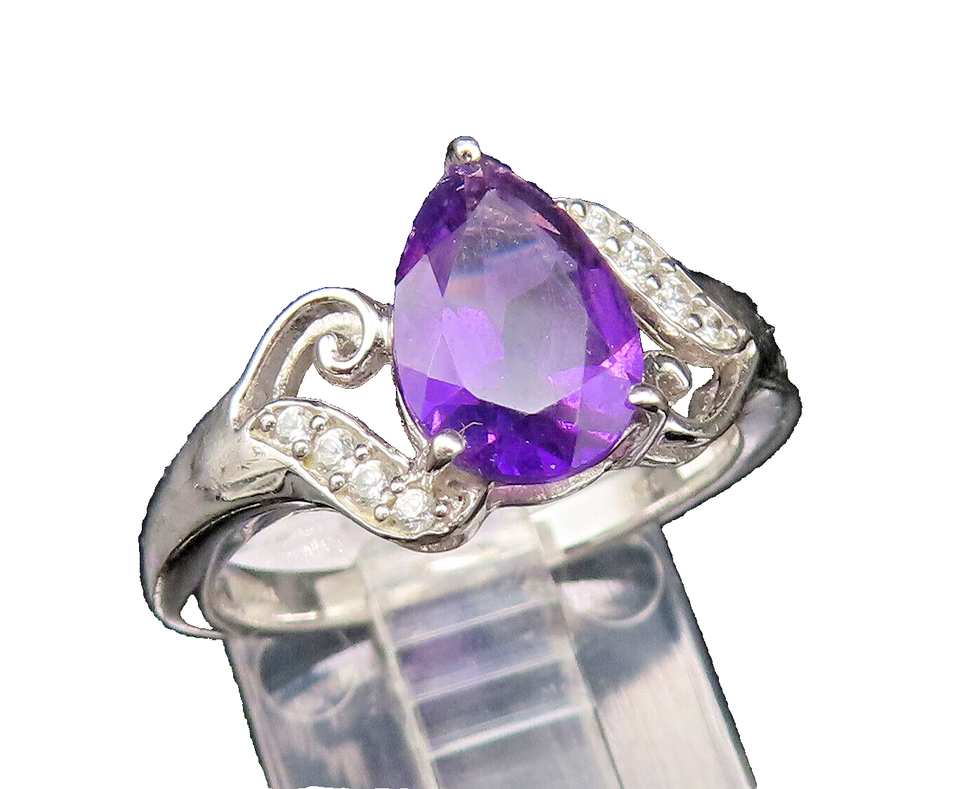 925 Silver  Vintage Elegant Amethyst & Topaz Open Swirl Ring Sz 7.5  RG25700