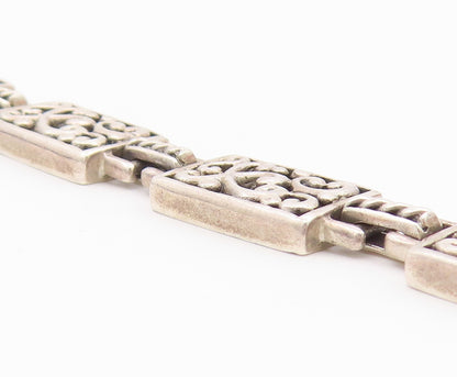 925 Sterling Silver  Vintage Rectangular Scroll Pattern Chain Bracelet  BT9409