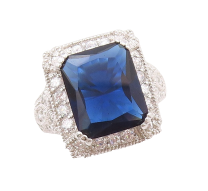 925 Sterling Silver Vintage Ring Rectangle Sapphire Halo CZ Frame  Sz 7  RG30784