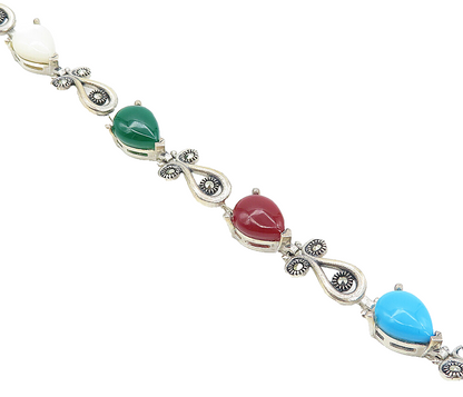 925 Silver  Vintage Turquoise Mother Of Pearl Onyx & Carnelian Bracelet BT3681