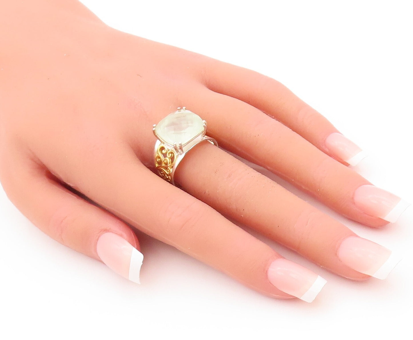 925 Sterling Silver Vintage Ring Gold Plated Carved Gemstone Sz 7  RG29347