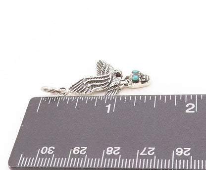925 Sterling Silver Vintage Pendant Flying Bird Turquoise Eyed Skull  PT24153