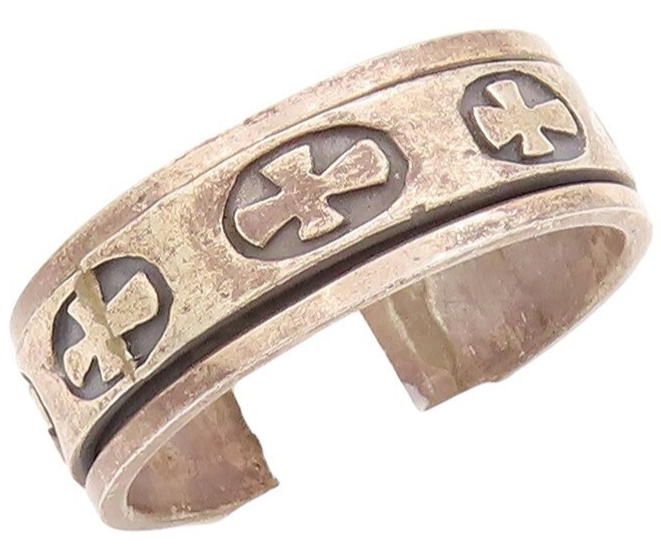 925 Sterling Silver Vintage Ring Dark Tone Solid '+' Carved  Sz 13.5  RG31157