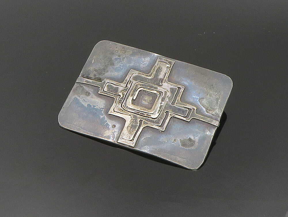 925 Sterling Silver  Vintage Oxidized Dilated Rectangular Brooch Pin  BP9352