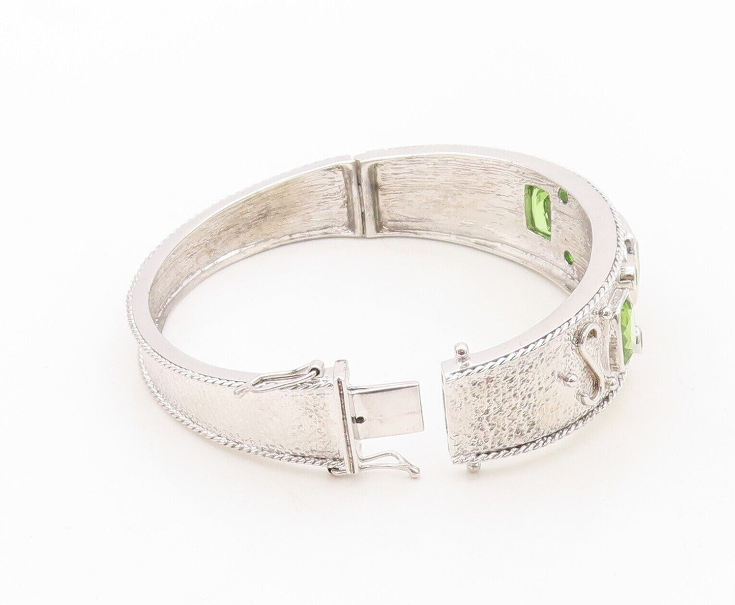925 Sterling Silver Vintage Bracelet Solid Carved Rectangle Peridot  BT10721