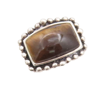 925 Sterling Silver Vintage Ring Rectangle Tiger's Eye Beaded Frame Sz 8 RG29131