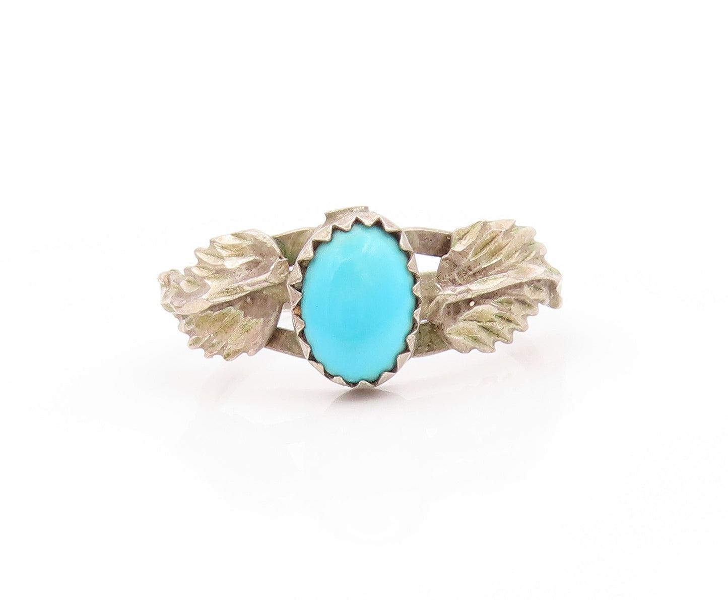 925 Sterling Silver Vintage Ring Oval Turquoise With Wings Carved Sz 8.5 RG32948