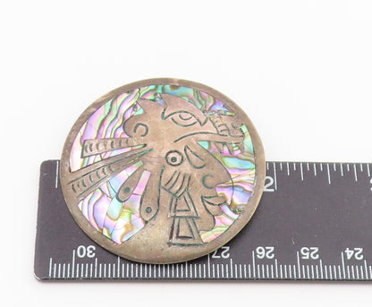 MEXICO 925 Sterling Silver  Vintage Abalone Shell Warrior Brooch Pin  BP3549