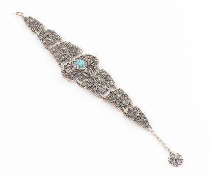925 Sterling Silver Vintage Bracelet Turquoise Intricate Floral Filigree BT11710