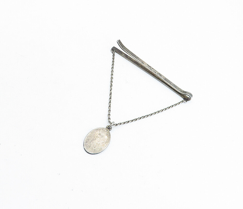 SIAM 925 Sterling Silver  Vintage Niello Etched Chained Thin Tie Clip  TR1183