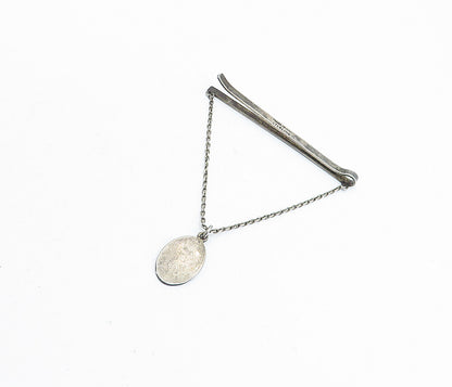 SIAM 925 Sterling Silver  Vintage Niello Etched Chained Thin Tie Clip  TR1183