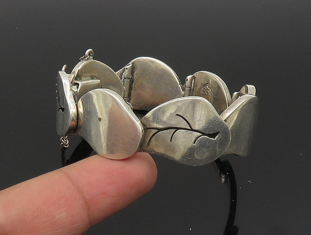 DESIGNER 925 Sterling Silver Vintage Carved Leaf Pattern Link Bracelet BT9445