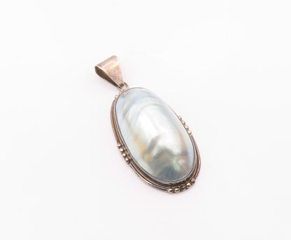 925 Sterling Silver  Vintage Blue Mother Of Pearl Oval Dome Pendant  PT19192