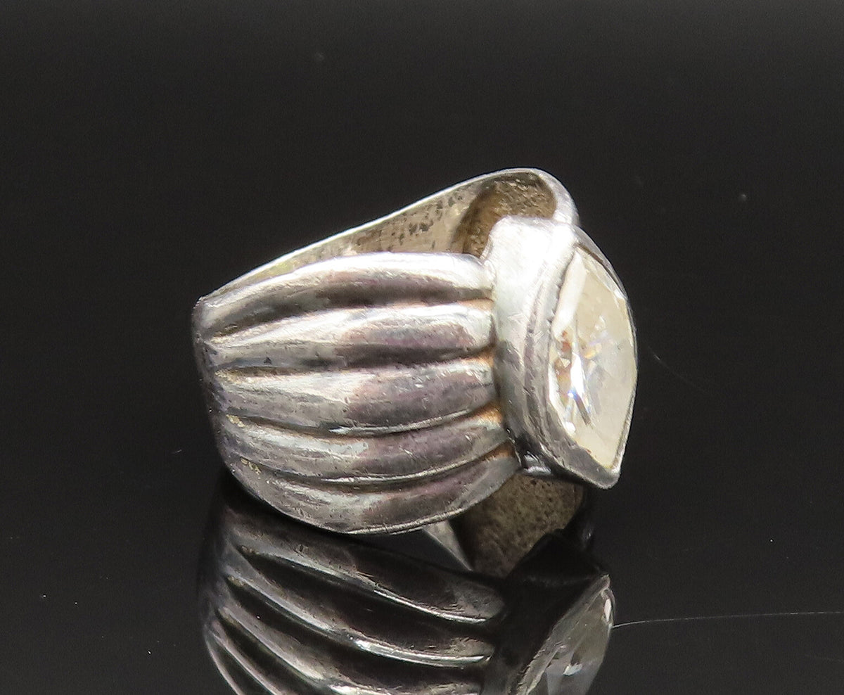 925 Silver  Vintage Marquise Cubic Zirconia Ribbed Band Ring Sz 8.5  RG25664