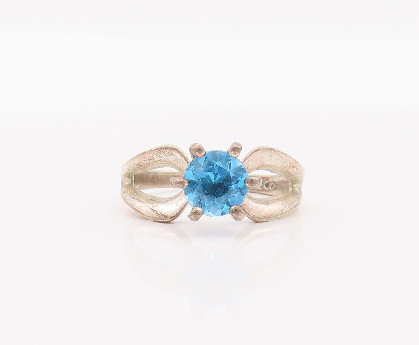 925 Sterling Silver Vintage Ring Designer Cutout Round Cut Blue CZ Sz 8 RG28190