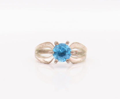 925 Sterling Silver Vintage Ring Designer Cutout Round Cut Blue CZ Sz 8 RG28190