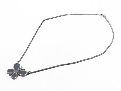 925 Silver Vintage Inlaid Black Onyx Butterfly Oxidized Chain Necklace NE1358