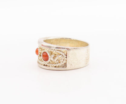 925 Sterling Silver Vintage Ring Rope Carved Orange Gemstone  Sz 7.5  RG28621