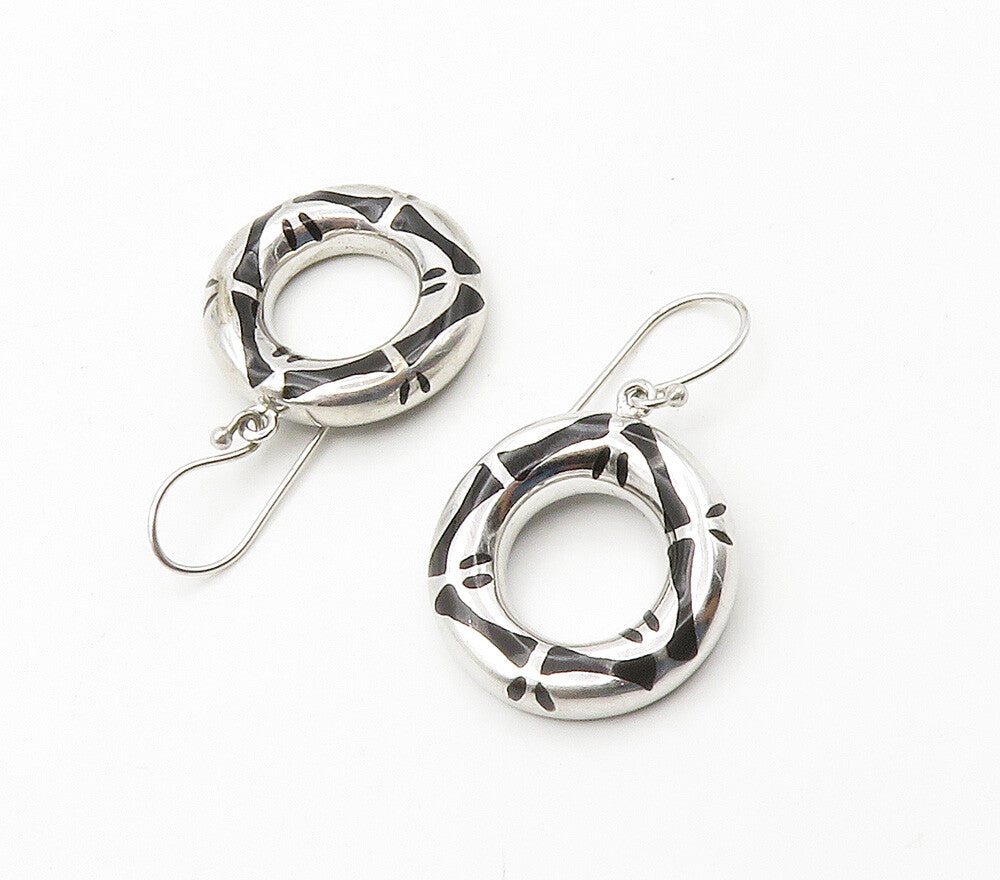 925 Sterling Silver  Black Onyx Open Circle Shiny Dangle Earrings  EG7828