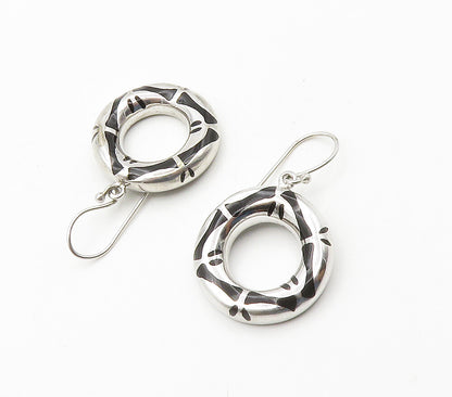 925 Sterling Silver  Black Onyx Open Circle Shiny Dangle Earrings  EG7828
