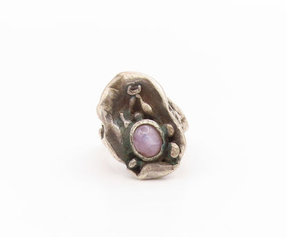 925 Sterling Silver Vintage Ring Cabochon Amethyst Brutalist Band  Sz 4  RG34619