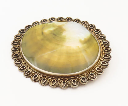 ISRAEL 925 Silver  Vintage Large Mother Of Pearl Shell Brooch Pin  BP10231