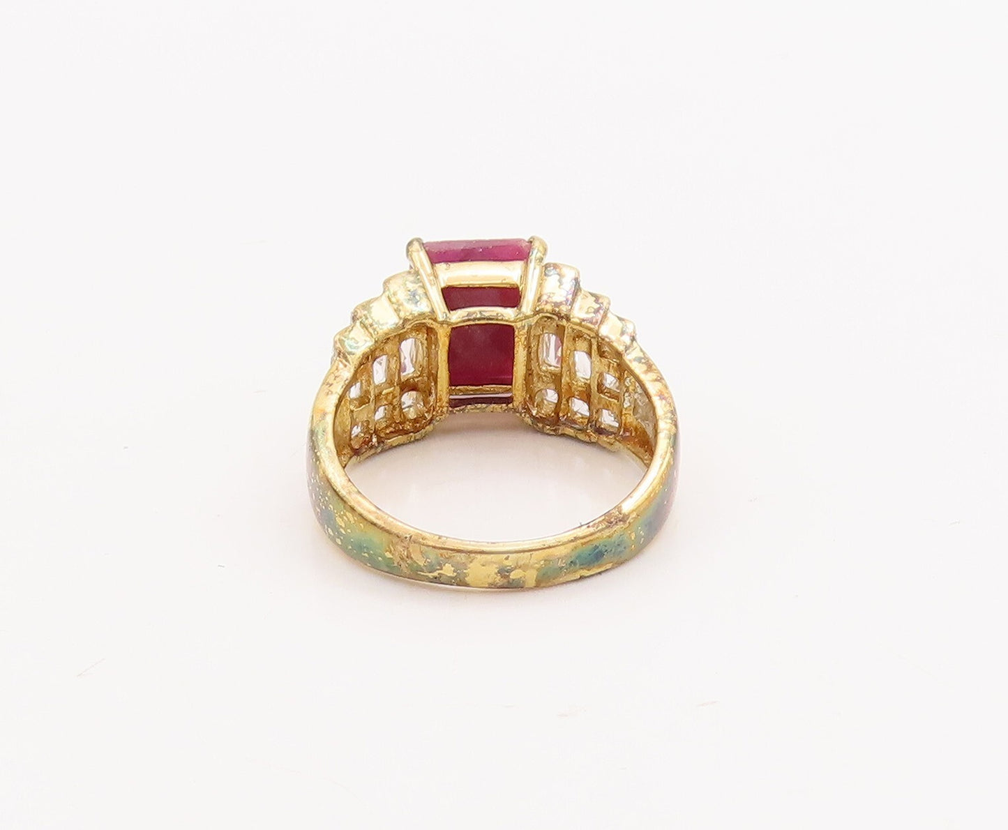 925 Sterling Silver Vintage Ring Gold Plated Ruby & Step Inlay CZ  Sz 7  RG29277