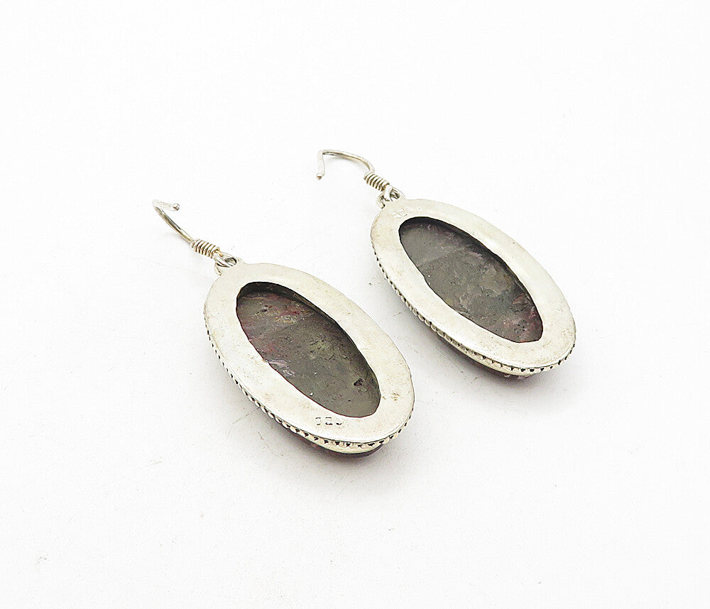 925 Sterling Silver  Vintage Agate Oval Twist Border Dangle Earrings  EG3895