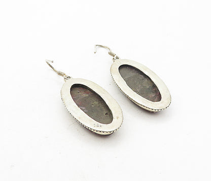 925 Sterling Silver  Vintage Agate Oval Twist Border Dangle Earrings  EG3895