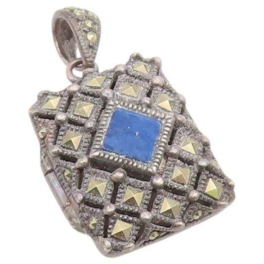 925 Sterling Silver Vintage Pendant Lapis Lazuli & Marcasite Charm OPENS PT26482