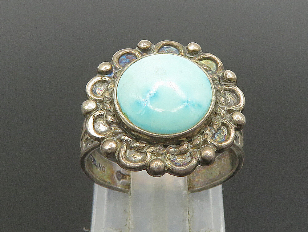 925 Silver Vintage Turquoise Floral Etched Ring Sz 5.5 RG24294