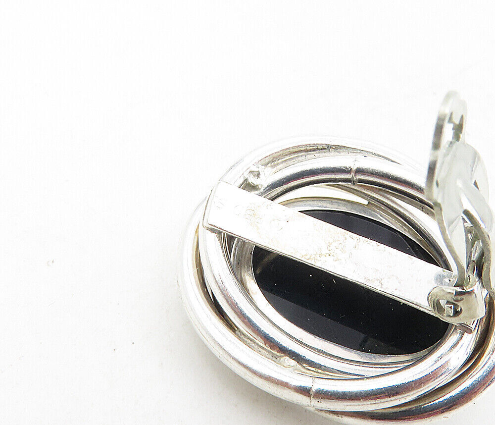 PETER BRAMS 925 Silver  Vintage Black Onyx Shiny Non Pierce Earrings  EG4521