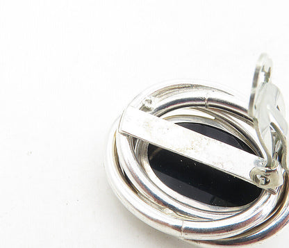 PETER BRAMS 925 Silver  Vintage Black Onyx Shiny Non Pierce Earrings  EG4521