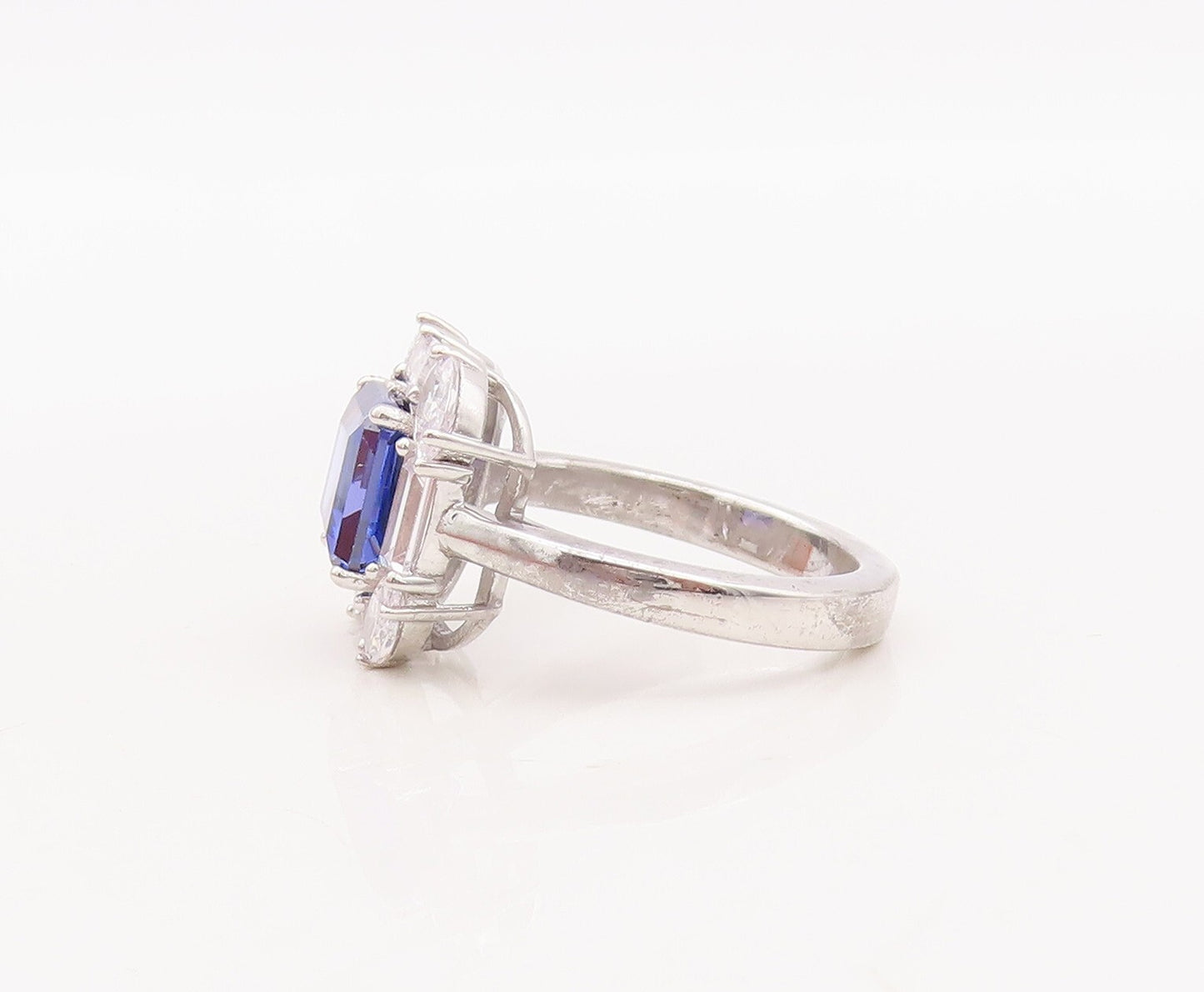 925 Sterling Silver Vintage Ring Square Cut Sapphire Halo Topaz  Sz 7 RG29304