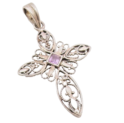 925 Silver  Vintage Openwork Heart & Flowers Cross Gemstone Pendant  PT21316
